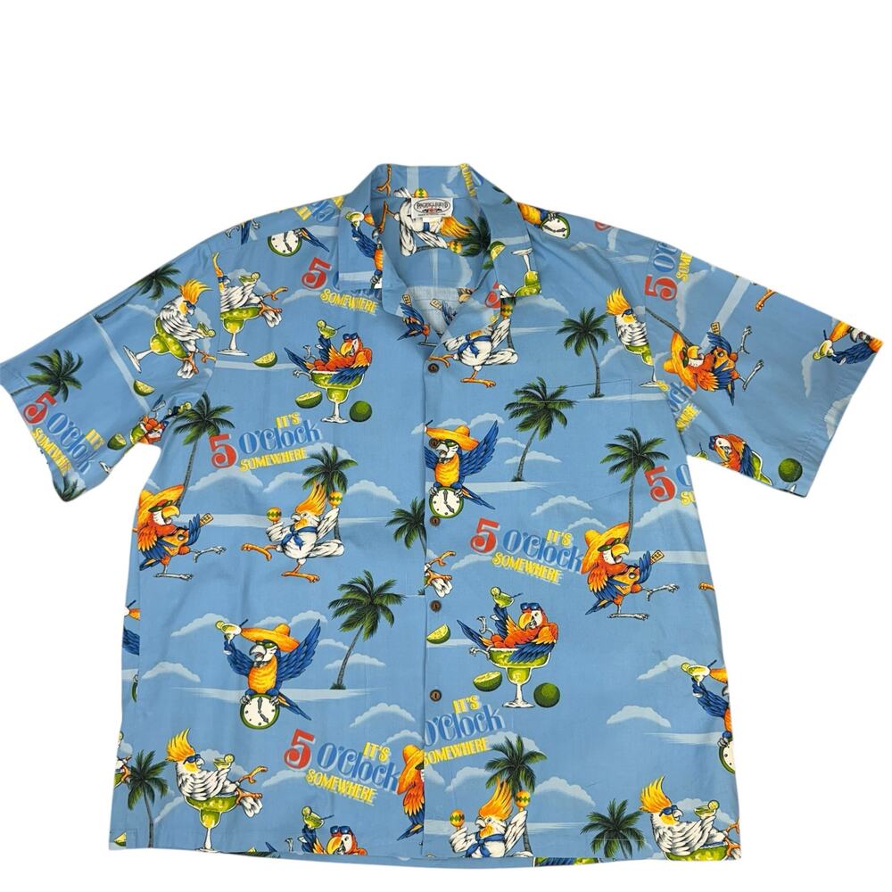 Pacific Legend Hawaiian Shirt 5 O'clock Somewhere Jimmy Buffet 2XL Parrot Tiki